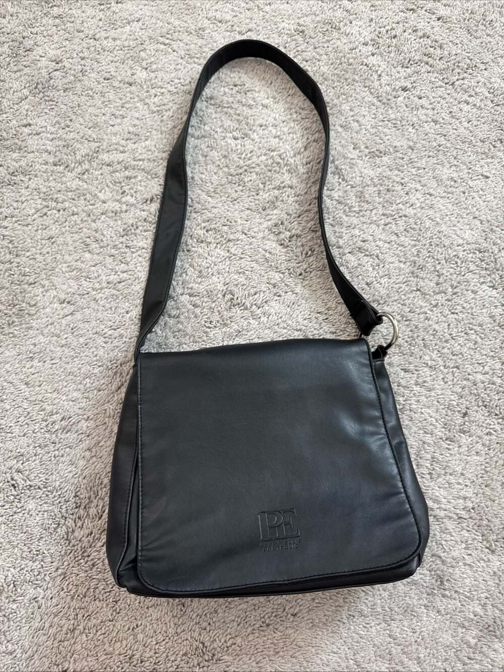 Perry Ellis Portfolio Black Faux Leather Flap Over Crossbody Bag